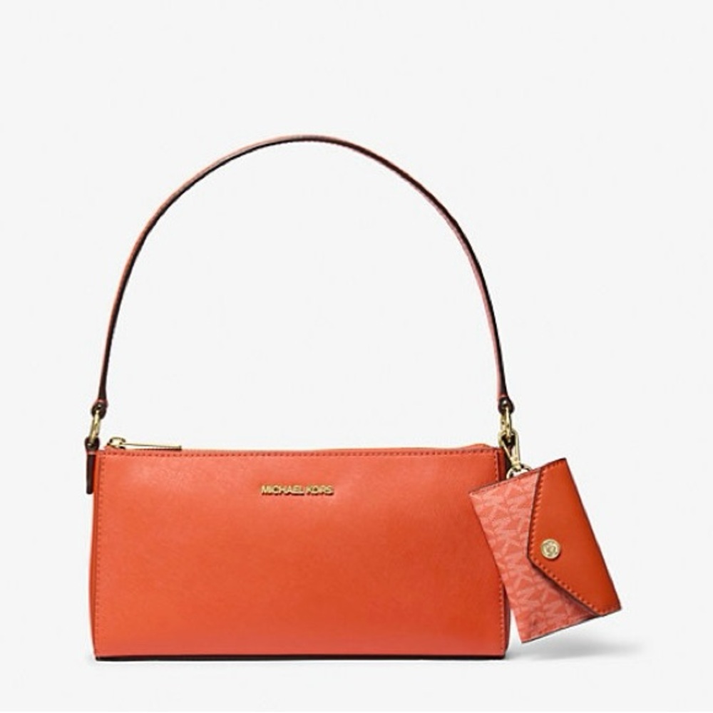 Michael Kors Vincent Medium Leather Pochette Shoulder Bag w/ Card Case Orange